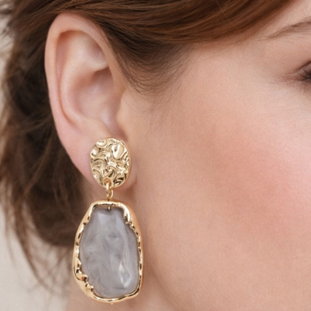 Gold statement dangle Earrings Boho grey stone Formal prom jewelry💖2/$30